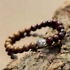 Buddha Head Bracelet for Men Natural Wood Beads Turquoises Tiger Eye Jewelry
