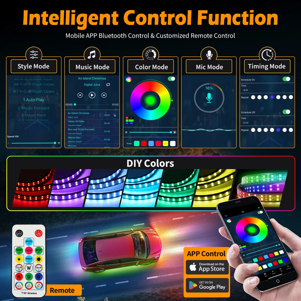 6PCS Double Row RGB LED Underglow Light Neon Strip Kit Chasing for AUDI A4 A5 A6 - Image 4 of 4