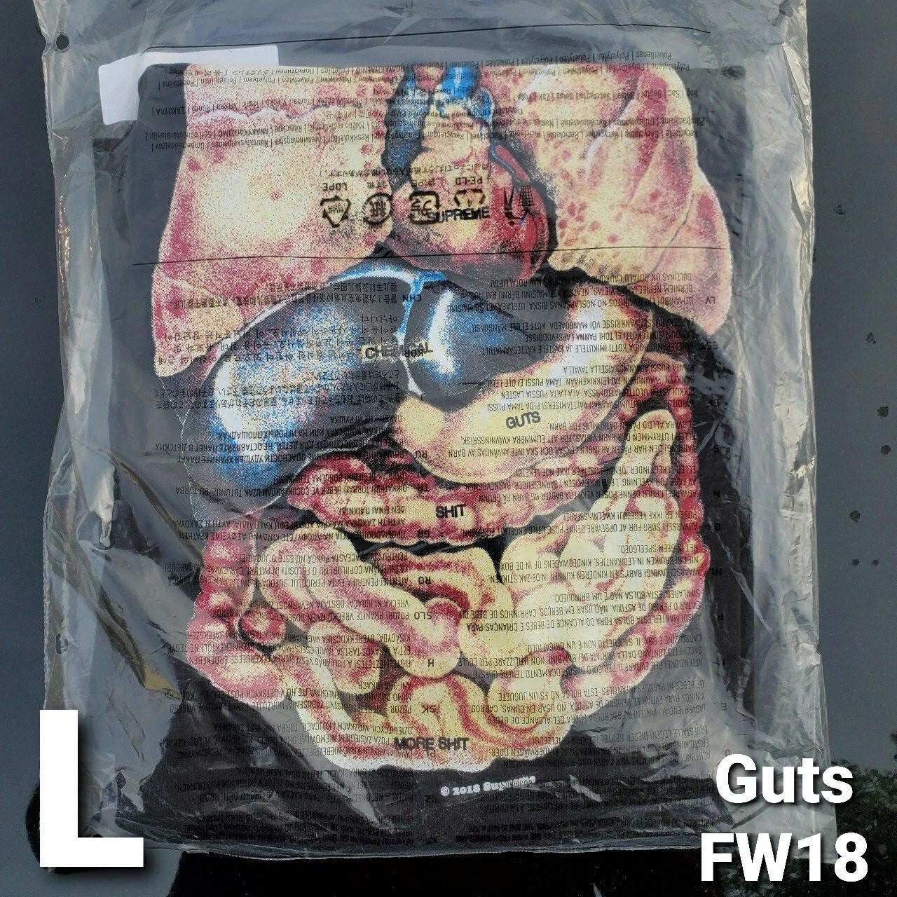 T shirt Supreme Guts en noir grand FW18 Deadstock/intérieur humain étiqueté boîte logo