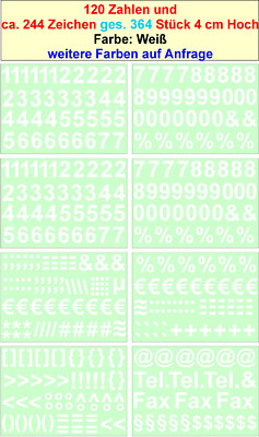 Zahlen Je 12 Stück + ca.244 Zeichen 4 cm hoch Sticker Aufkleber Farbe Weiß