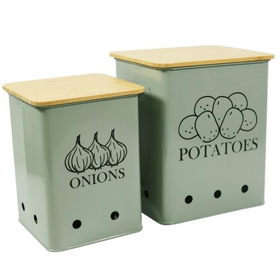 Kitchen Vegetable Storage Tins Set of 2 for Potatoes, Onion, with wooden lid ...