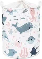 Marine Animals Bubbles Kid Laundry Basket with Lid Foldable Sea Shark Dirty