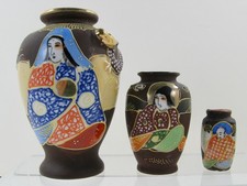 Trio Antique Small Japanese Satsuma Porcelain Vases Geisha Dragon Moriage 5 inch