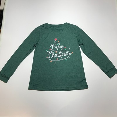 Merry and Bright Pullover Christmas Lights Green T-Shirt Long Sleeves Womens M
