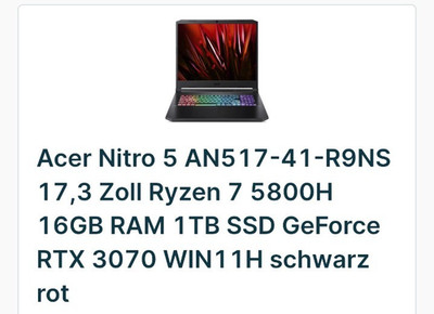Acer Nitro 5 AN517-41-R9NS 17,3 Zoll Ryzen 7 5800H 16GB RAM 1TB SSD GeForce RTX