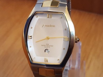 Herren 2-Tone Vintage Retro Style Amadeus Traditional Tonneau Gents Date Watch