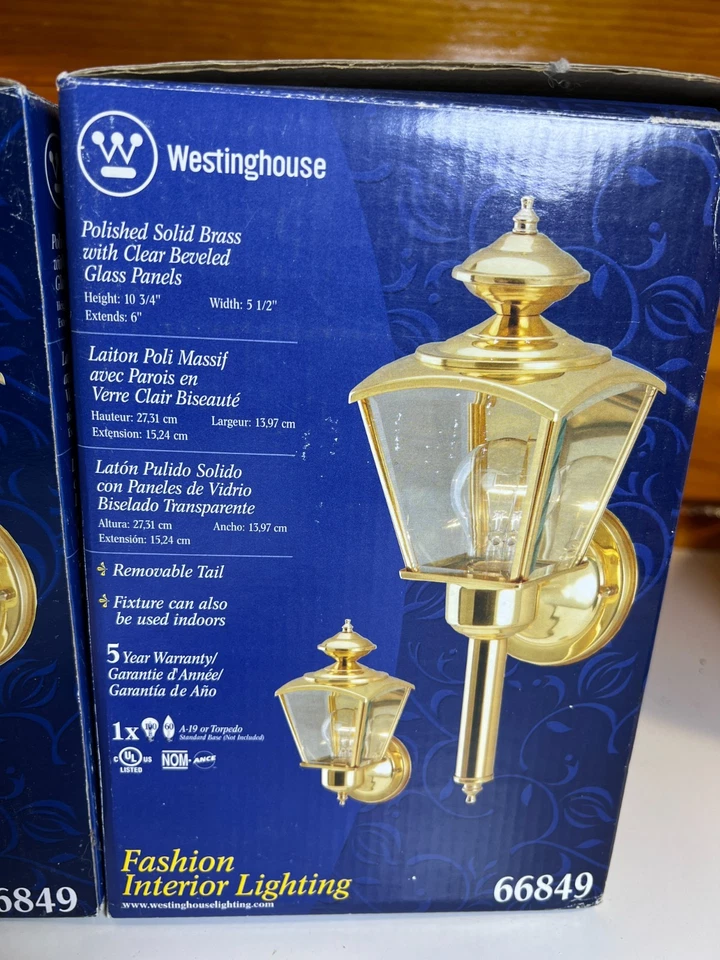 Pair Exterior Outdoors Polished Solid Brass Wall Sconce Light Beveled Lantern - Image 3 of 4