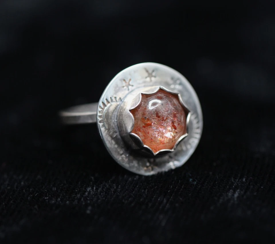 Sunstone Ring Orange Cabochon Natural Gemstone 925 Sterling Silver Size 8 Stars - Image 2 of 4