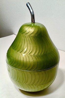 Guilloche Baked Enamel 'Pear Green' Aluminum Lined Pear Shaped Container Vintage