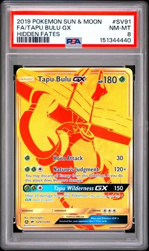 2019 POKEMON SUN & MOON HIDDEN FATES #SV91 FULL ART/TAPU BULU GX PSA 8