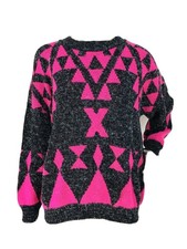 Vintage 80s Black and Pink Geometric Knit Crochet Pullover Women's Sweater
