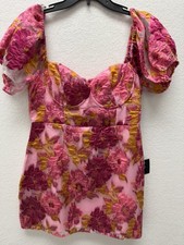 Lulus Luxe Direction Pink Floral Jacquard Puff Sleeve Mini Dress , LARGE NWT