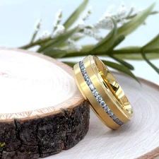 8mm Gold Titanium Ring Brushed Matte Finish Dazzling Cubic Zirconia Channel Band