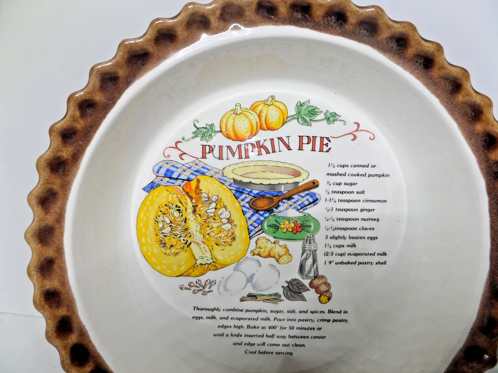 Pumpkin Pie ceramic pan plate dish Clay castle 10"