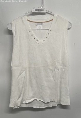 Pierre Cardin Womens White Cotton Ribbed Eyelet Sleeveless Tank Top Size XL