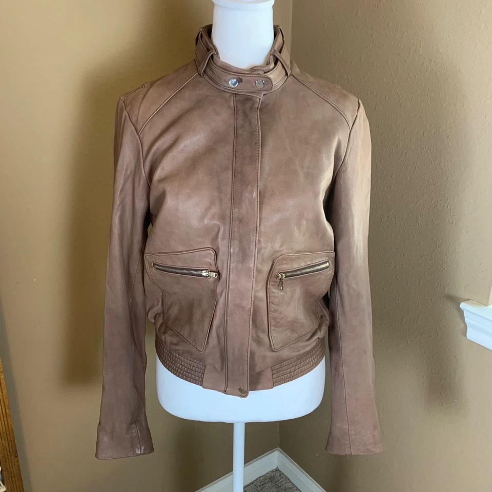 Chaqueta de Cuero Joie Tamila Mujer Mediana Marrón Claro 100% Piel de Cordero Moto Foto 2 de 4