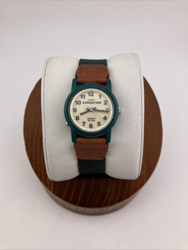 Vtg Timex Expedition Indiglo Ladies 25mm Watch Green Tone Nylon Band Date - RUNS