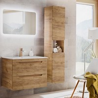 BadezimmermöBel Set In Wotaneiche Waschtisch Led-Spiegel Hochschrank GäSte-Wc