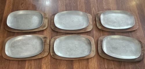 Set 6 MCM AC Fabricators Gardena Calif Aluminum Sizzle Plates & Wooden Holders