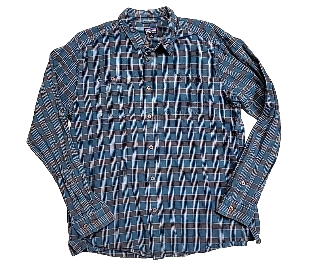 Patagonia Organic Cotton Blue Gray Checkered Dress Flannel Men's