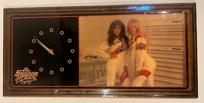 Vintage Snap-On Racing Lacquered Wood Clock with (2) girls in Fire