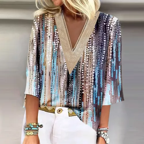 Damen Freizeit Boho Blumen V-Ausschnitt 3/4 Ärmel lose Blusen Shirts Sommer Tops - Bild 14 von 25