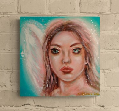 HELPFUL ANGEL, Engel Kunst Malerei Deko gemalt Bild blau rosa Christiane Schwarz