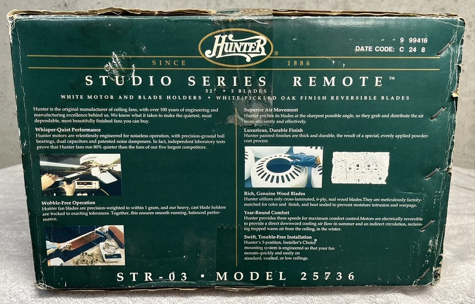 Hunter 52” 5 Blade White/Oak Studio Series Ceiling Fan W/Remote - Model 25736 - Image 3 of 4