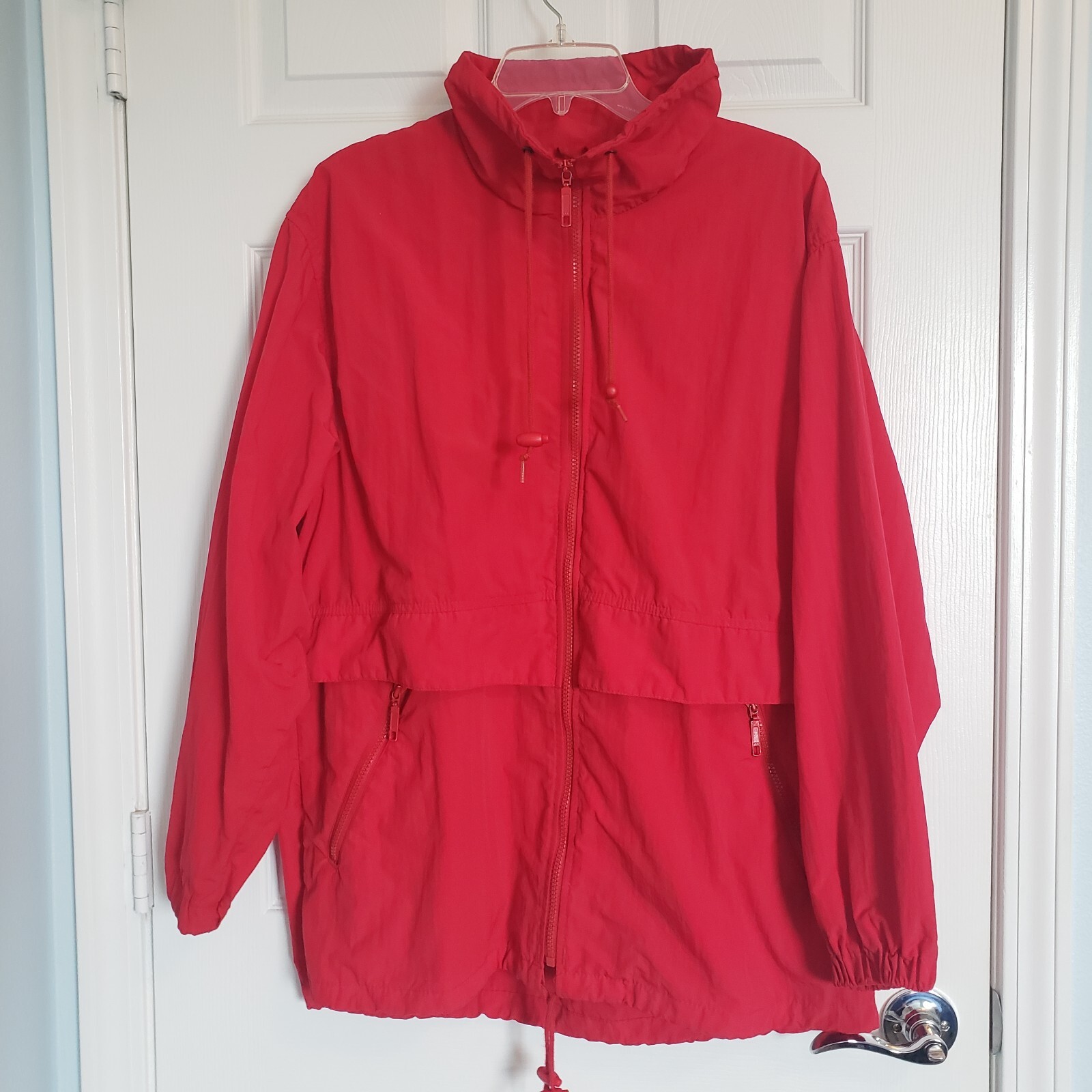 Vintage Eddie Bauer Rain Coat Womens L Red Cinch Waist Vented Outdoor Cabin Y2K