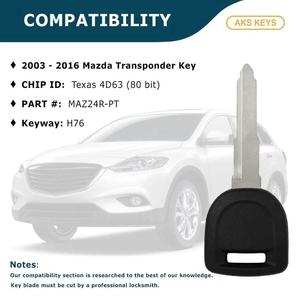 2 llaves transpondedor coche chip repuesto para Mazda 2 2011 2012 2013 2014 2015 Foto 2 de 4