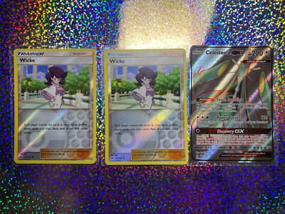 Pokemon TCG: Full Art 208/214 Celesteela GX; Reverse Holo 127/147 Wicke (x2)