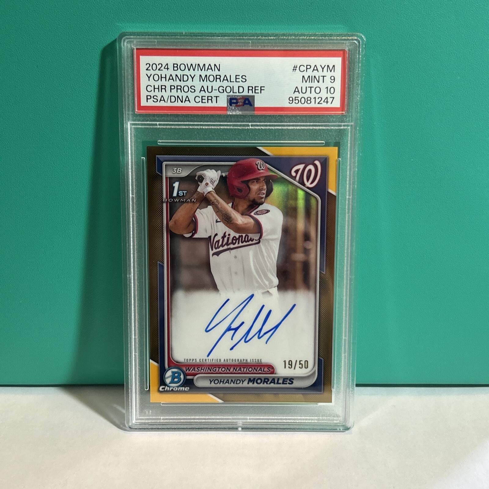 2024 Bowman Chrome Yohandy Morales True Gold 1st Prospect Auto #’d /50 PSA 9