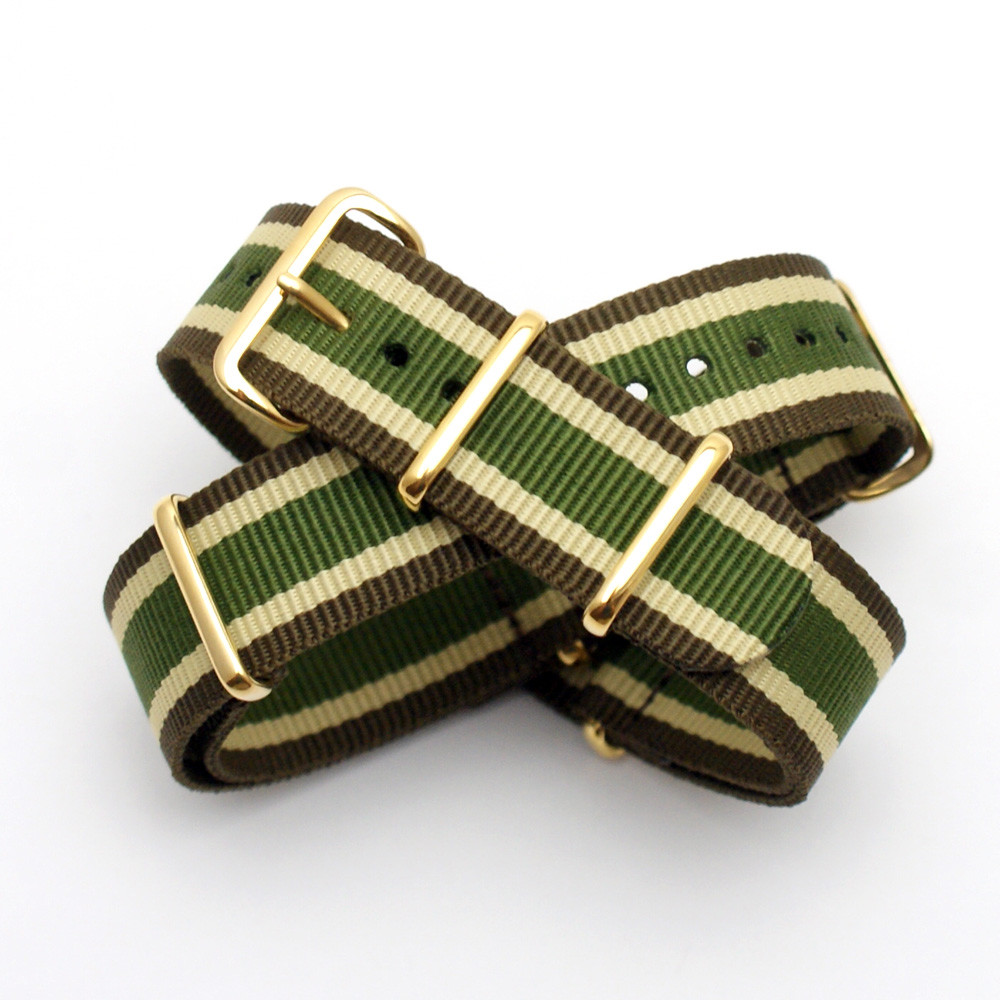 Brown / Beige / Green Stripe Nato Strap : Gold Buckle & Keepers : 20mm (FL196)
