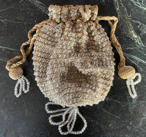 Vtg Flapper Purse Crochet Iridescent Beads Drawstring Bag Tassels 1920's Antique - Picture 1 of 9