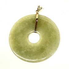 Chinese signed 14k 14kt yellow gold green jade round disc pendant 1.75" 22.8gms