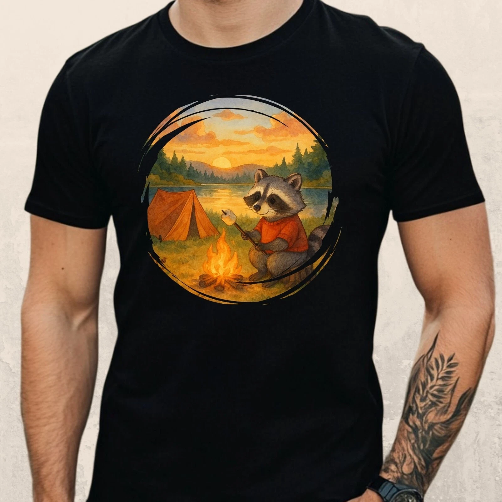 Mens Camping Raccoon Print Cotton T-Shirt Size S to 5XL