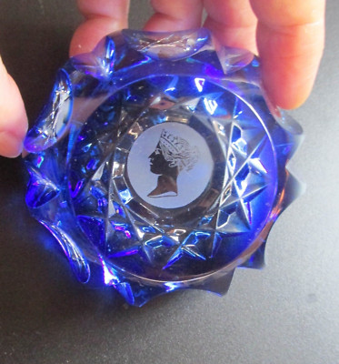 vtg 70s WEBB CORBETT Cobalt Blue Paperweight Facet Crystal Etched Queen England