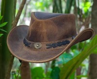 Real Leather Australian Western Cowboy Distressed Cow Hide Bush Hat & ChinStraps