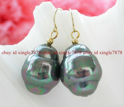 Rare Huge 17-19mm Rainbow Black South Sea Shell Pearl Dangle Earrings - Picture 9 of 12