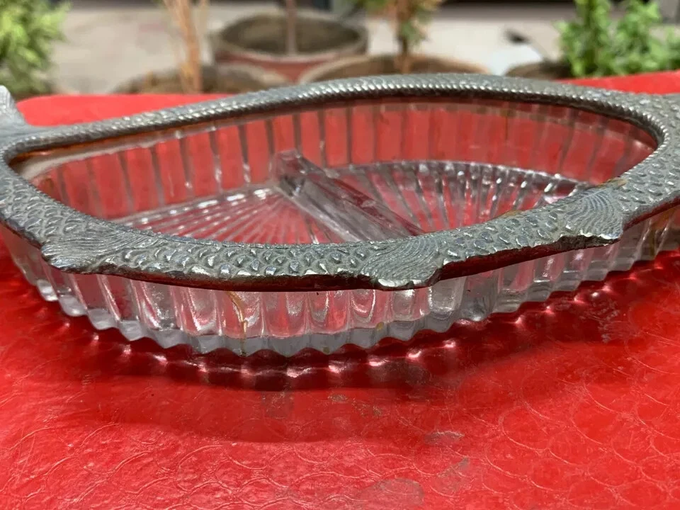1900's Vintage Handcrafted German Silver Fish Shaped Glass Tray Serving Tray - Image 4 of 4