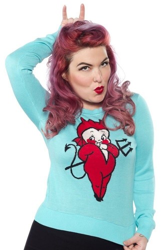 Sourpuss Lil Devil Punk Emo Goth Rocker Tattoo Chibi Kewpie Sweater SPSW33-L - Picture 3 of 4