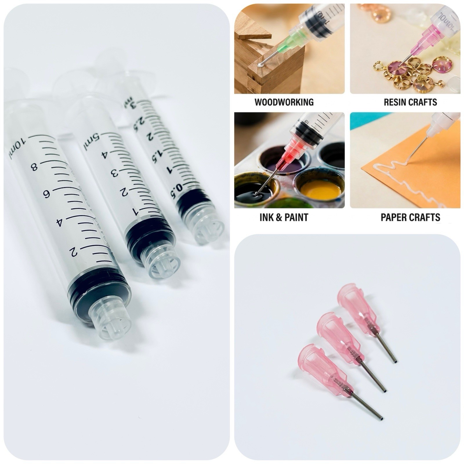 3ml, 5ml, 10ml Syringes & Pink Blunt Dispensing Tips For Glue, Ink & Crafts
