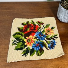 Vintage Handmade Needlepoint Completed Flowers 9" Square