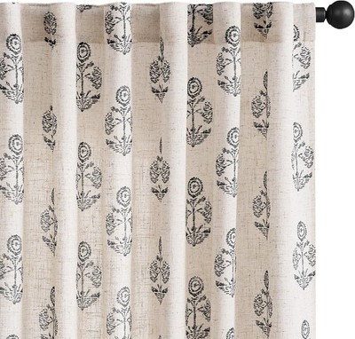 Linen Floral Curtains for Living Room 84 Inch Length Black Flower Cottage Cor...