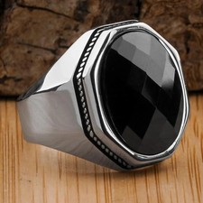 925 Sterling Silver Black Zircon Stone Men's Ring Turkish Handmade Jewelry Shiny