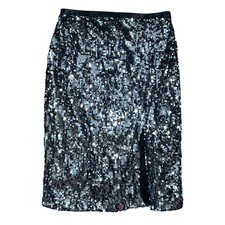 Nine West Silver Sequin Skirt Womens Sz Large Black Stretch Waist Slit Pull On