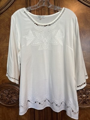 SOLITAIRE Cutwork Embroidered Blouse White Heirloom Cottagecore Beauty Sz L