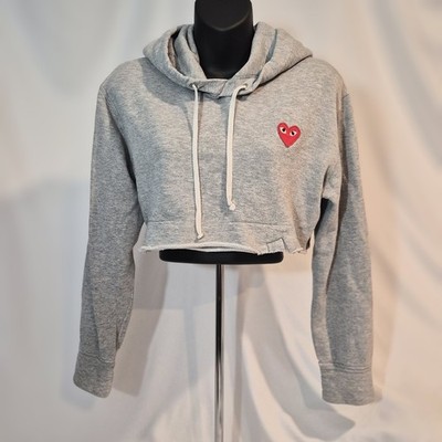 Comme Des Garcons Play Gray Cropped Hoodie Sweatshirt Red Heart Logo Small S