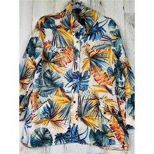Chicos Linen Utility Jacket Tropical Palm Print Womens L 12 14 Coastal Beach Top