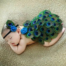 Handmade Baby Peacock Costume Crochet Knit Outfit Headband 0-6 Months Green
